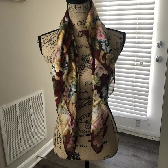Vintage Oscar De La Renta Burgundy Floral Silk Scarf 34” X 34”